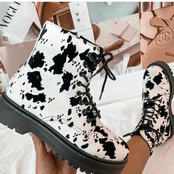 Cow Print Combat Boots - Picture 4 of 4